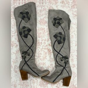 Gray Knee-High Boots with Floral Design